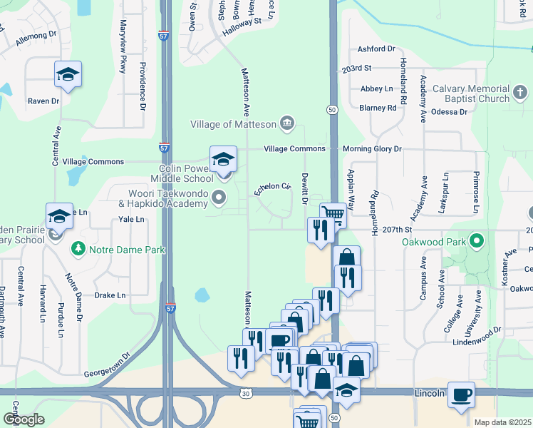 map of restaurants, bars, coffee shops, grocery stores, and more near 1401 Echelon Circle in Matteson