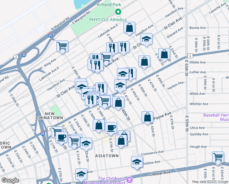 map of restaurants, bars, coffee shops, grocery stores, and more near 4001 Superior Avenue in Cleveland