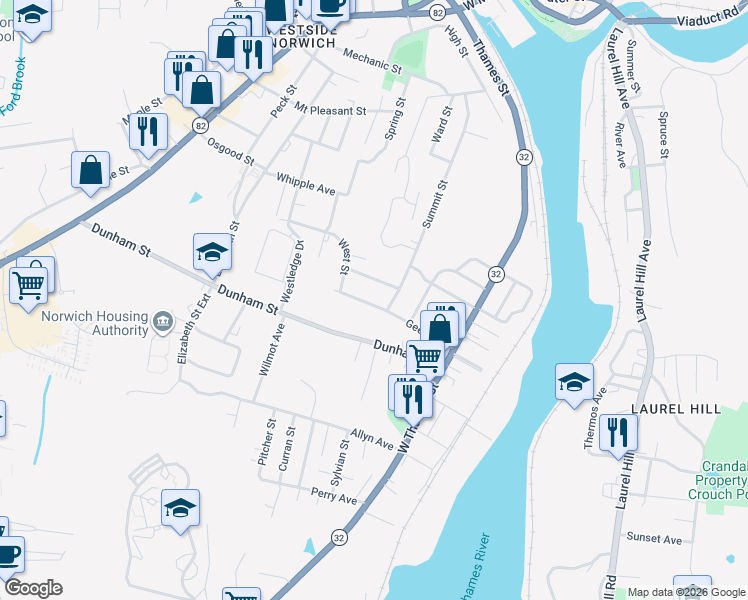 map of restaurants, bars, coffee shops, grocery stores, and more near 87 Geer Avenue in Norwich