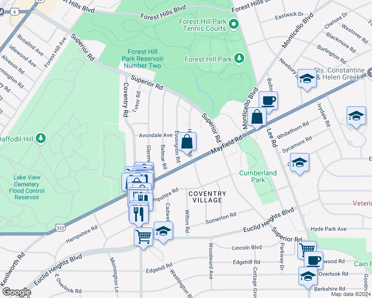 map of restaurants, bars, coffee shops, grocery stores, and more near 1666 Hillcrest Road in Cleveland Heights