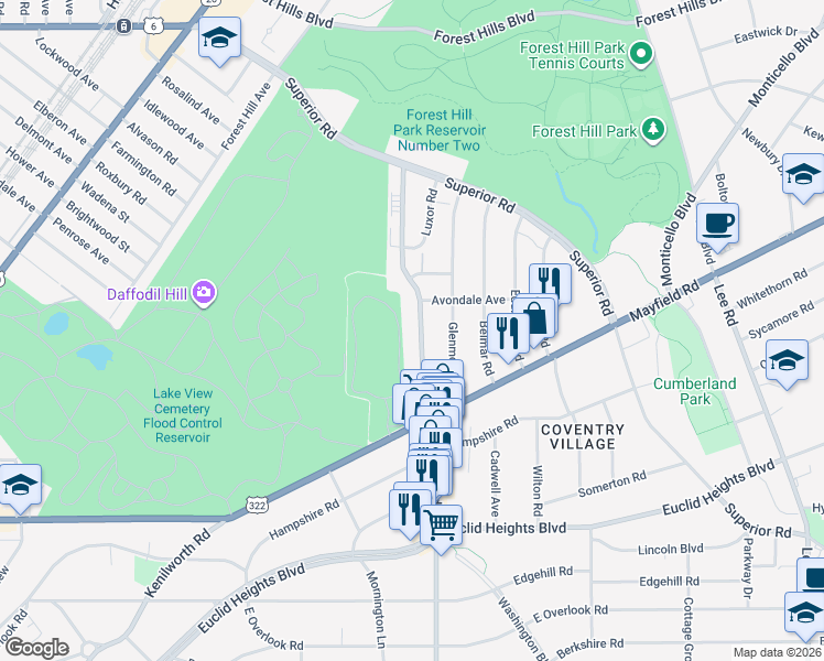 map of restaurants, bars, coffee shops, grocery stores, and more near 1669 Coventry Road in Cleveland Heights