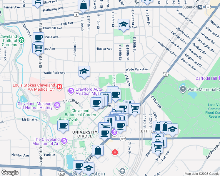 map of restaurants, bars, coffee shops, grocery stores, and more near 1615 Mistletoe Drive in Cleveland