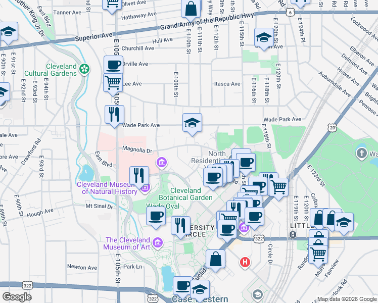 map of restaurants, bars, coffee shops, grocery stores, and more near 11020 Magnolia Drive in Cleveland