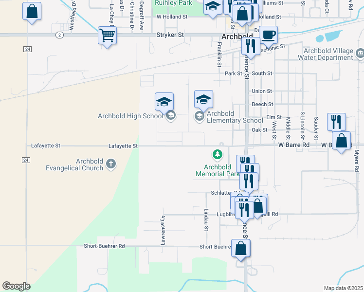 map of restaurants, bars, coffee shops, grocery stores, and more near 500 Lafayette Street in Archbold