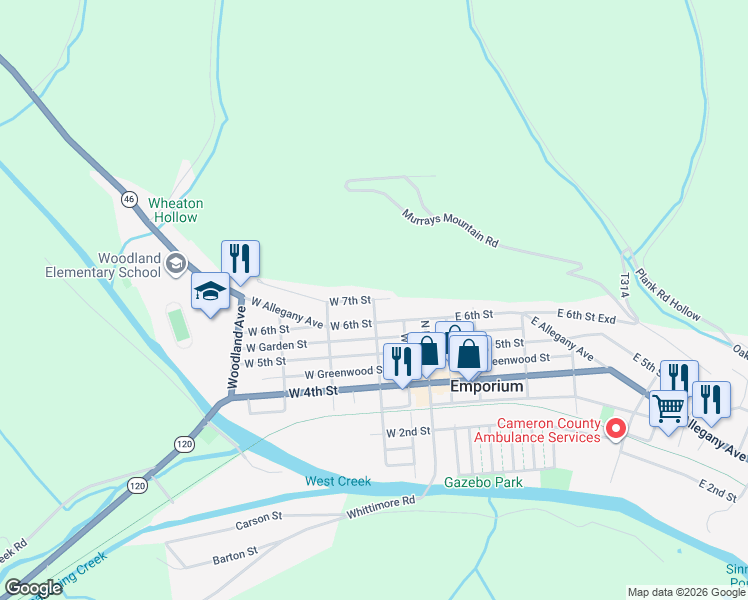 map of restaurants, bars, coffee shops, grocery stores, and more near 634 N Maple St in Emporium