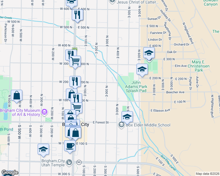 map of restaurants, bars, coffee shops, grocery stores, and more near 152 North 300 East in Brigham City