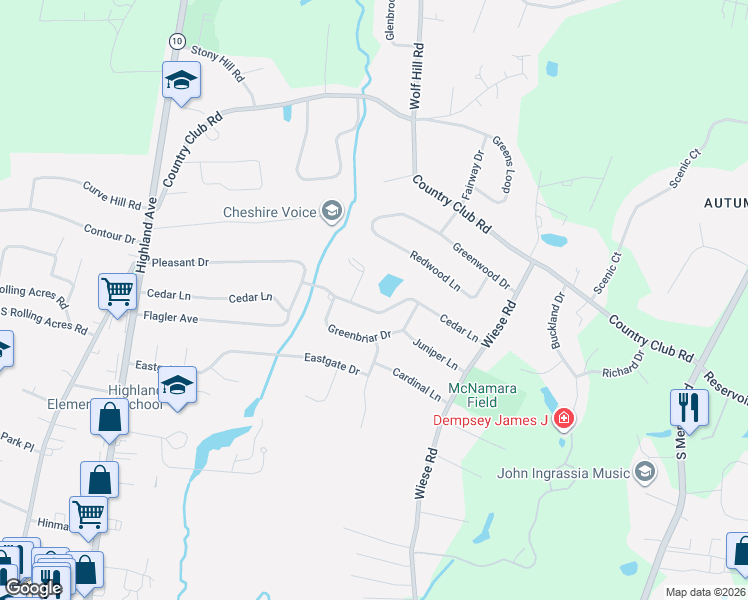 map of restaurants, bars, coffee shops, grocery stores, and more near 326 Cedar Lane in Cheshire