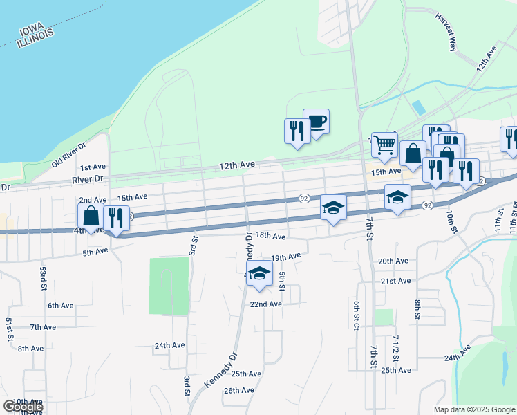 map of restaurants, bars, coffee shops, grocery stores, and more near 420 16th Avenue in East Moline