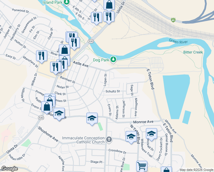 map of restaurants, bars, coffee shops, grocery stores, and more near 281-299 Logan Street in Green River