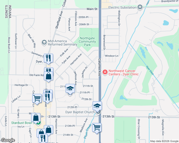 map of restaurants, bars, coffee shops, grocery stores, and more near 942 Northgate Drive in Dyer