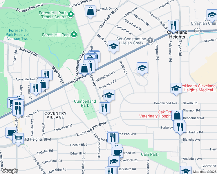 map of restaurants, bars, coffee shops, grocery stores, and more near 3146 Sycamore Road in Cleveland Heights