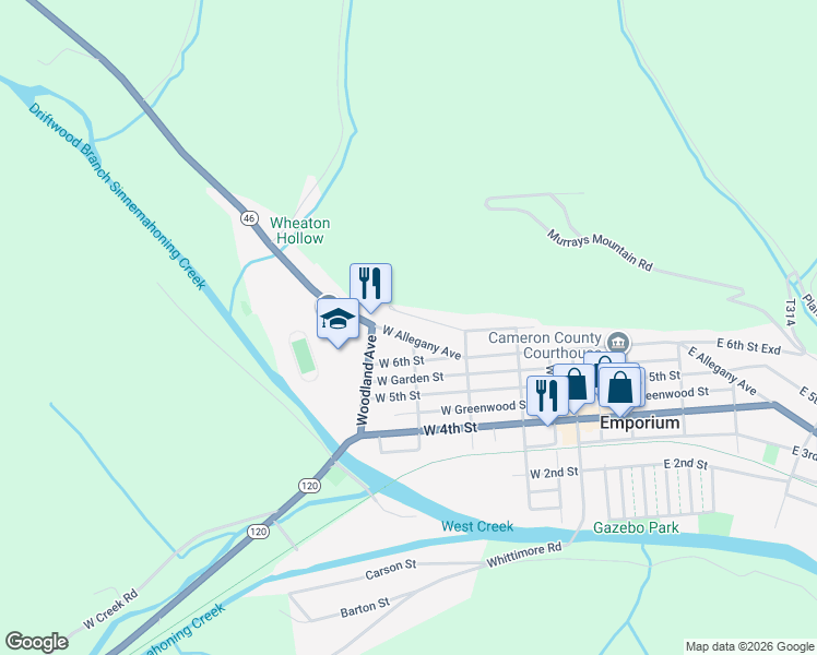 map of restaurants, bars, coffee shops, grocery stores, and more near 300-398 West Allegany Avenue in Emporium