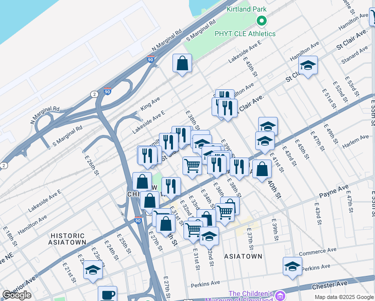 map of restaurants, bars, coffee shops, grocery stores, and more near 3400 Saint Clair Avenue Northeast in Cleveland