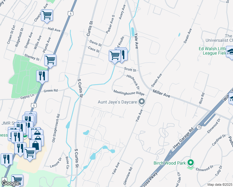 map of restaurants, bars, coffee shops, grocery stores, and more near 107 Meetinghouse Ridge in Meriden