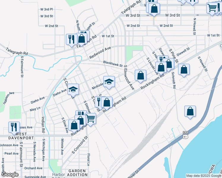 map of restaurants, bars, coffee shops, grocery stores, and more near 2618 Boies Avenue in Davenport