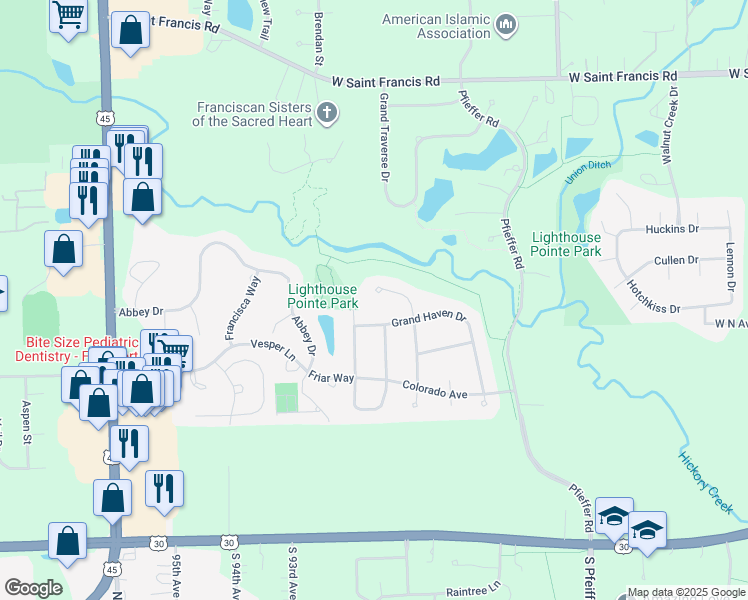map of restaurants, bars, coffee shops, grocery stores, and more near 20608 Michigan Island Drive in Frankfort