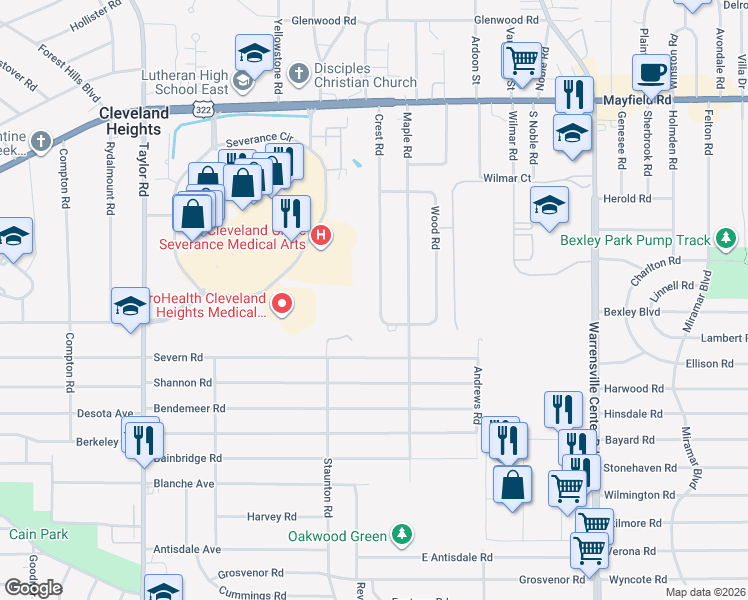 map of restaurants, bars, coffee shops, grocery stores, and more near 1674 Crest Road in Cleveland Heights