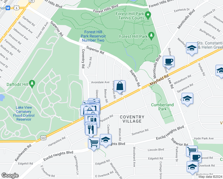 map of restaurants, bars, coffee shops, grocery stores, and more near 1656 Eddington Road in Cleveland Heights