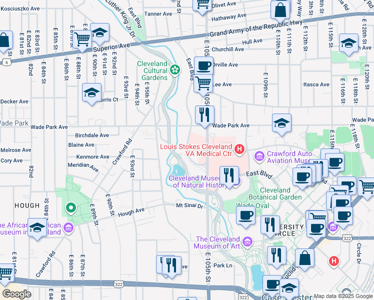 map of restaurants, bars, coffee shops, grocery stores, and more near 2000 East Boulevard in Cleveland