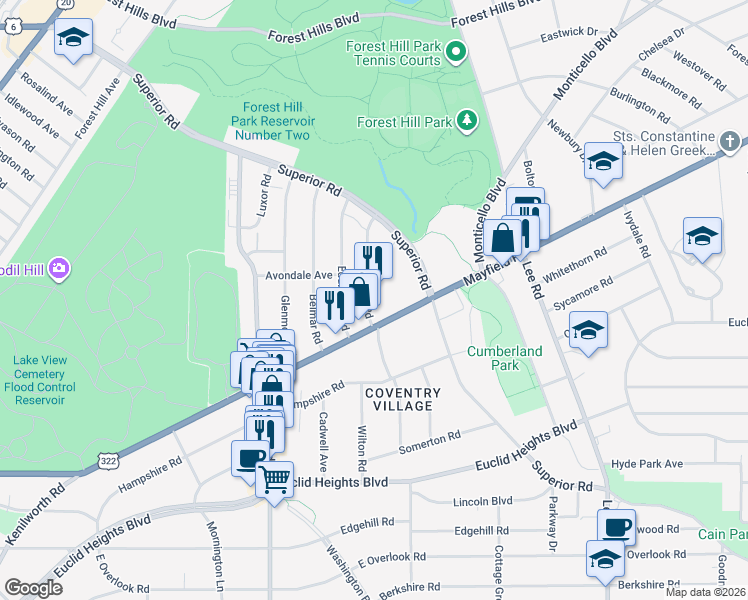 map of restaurants, bars, coffee shops, grocery stores, and more near 1666 Hillcrest Road in Cleveland Heights