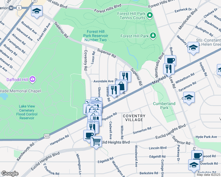 map of restaurants, bars, coffee shops, grocery stores, and more near 1668 Eddington Road in Cleveland Heights