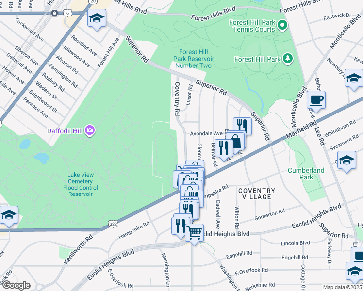 map of restaurants, bars, coffee shops, grocery stores, and more near 1669 Coventry Road in Cleveland Heights