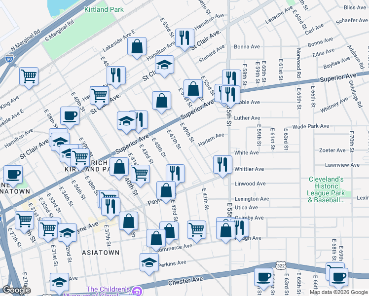 map of restaurants, bars, coffee shops, grocery stores, and more near 1573 East 47th Street in Cleveland