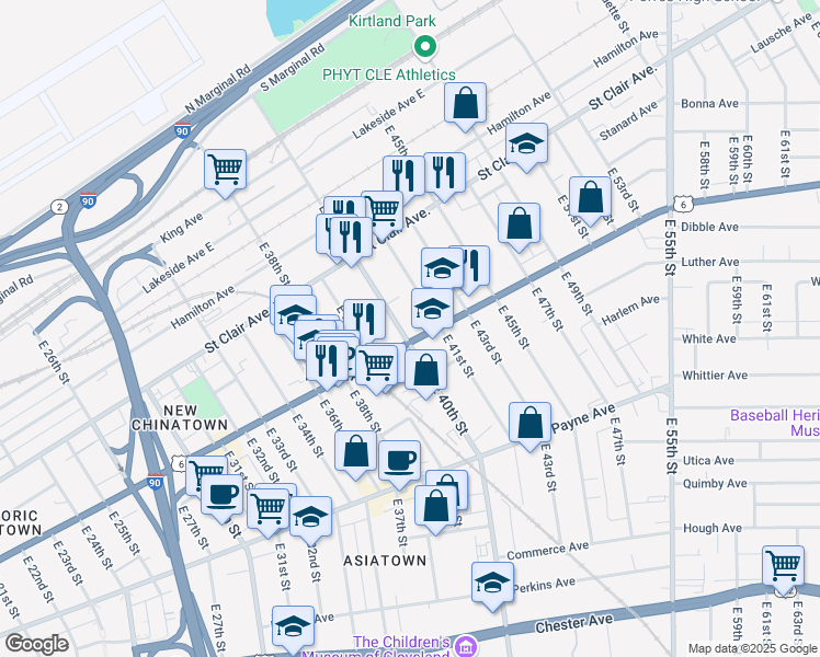 map of restaurants, bars, coffee shops, grocery stores, and more near 4050 Superior Avenue in Cleveland