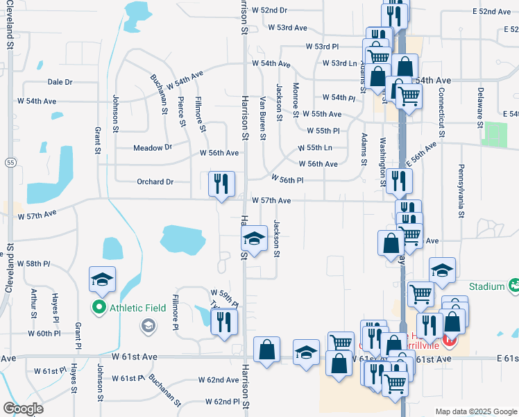map of restaurants, bars, coffee shops, grocery stores, and more near 5732 Van Buren Street in Merrillville