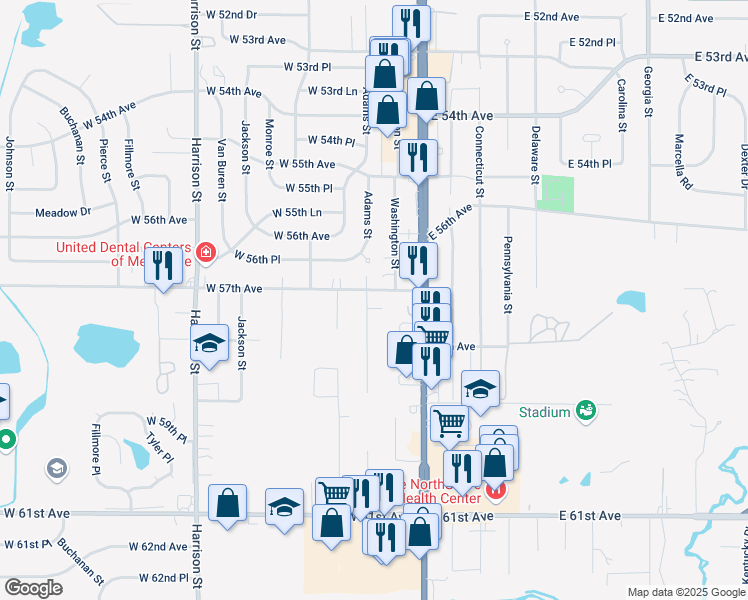 map of restaurants, bars, coffee shops, grocery stores, and more near 103 West 57th Avenue in Merrillville