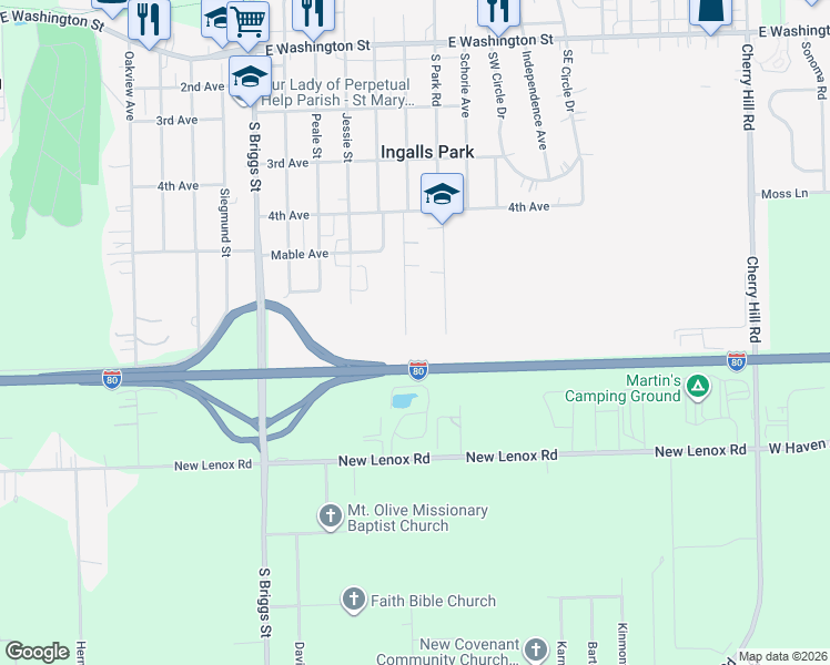 map of restaurants, bars, coffee shops, grocery stores, and more near 440 Ray May Drive in Joliet