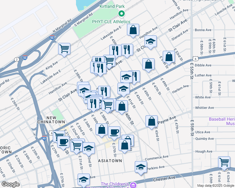 map of restaurants, bars, coffee shops, grocery stores, and more near 4001 Superior Avenue in Cleveland