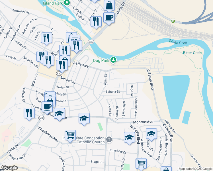 map of restaurants, bars, coffee shops, grocery stores, and more near 281 Logan Street in Green River
