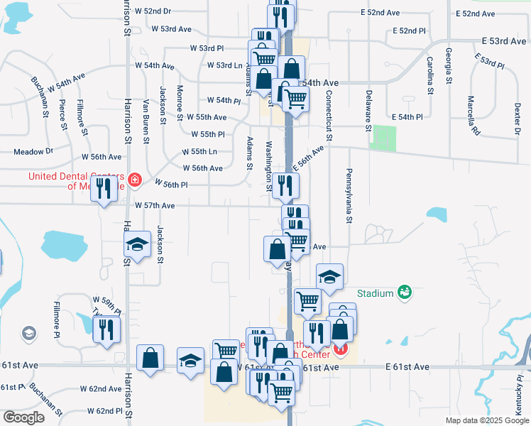 map of restaurants, bars, coffee shops, grocery stores, and more near 103 West 57th Avenue in Merrillville