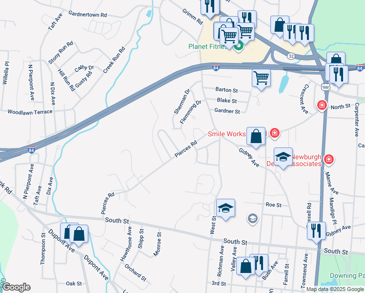 map of restaurants, bars, coffee shops, grocery stores, and more near 30 Pierces Road in Newburgh
