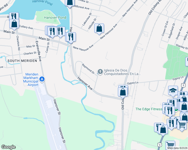 map of restaurants, bars, coffee shops, grocery stores, and more near 33 Raymond Drive in Meriden