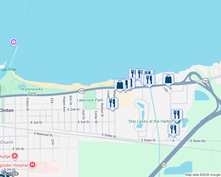 map of restaurants, bars, coffee shops, grocery stores, and more near 116 Maple Street in Port Clinton