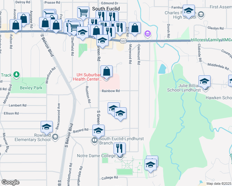 map of restaurants, bars, coffee shops, grocery stores, and more near 4522 Rainbow Road in South Euclid