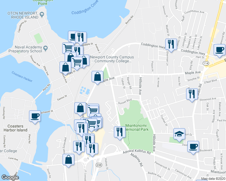 map of restaurants, bars, coffee shops, grocery stores, and more near 115 Girard Avenue in Newport