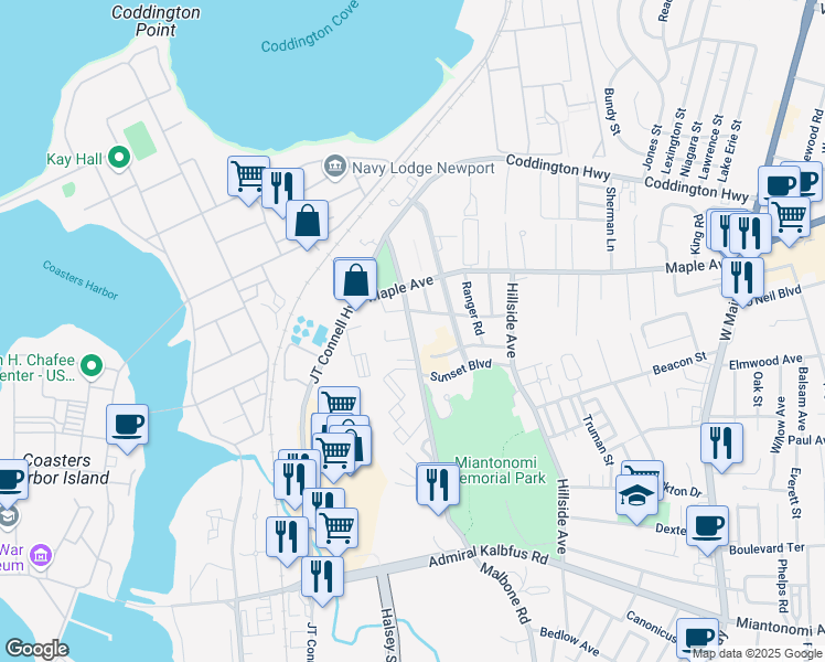 map of restaurants, bars, coffee shops, grocery stores, and more near 115 Girard Avenue in Newport