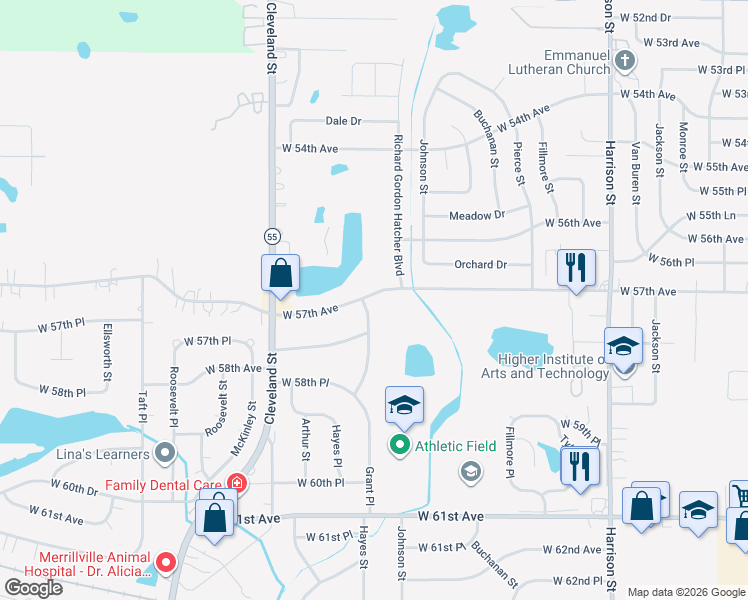 map of restaurants, bars, coffee shops, grocery stores, and more near 1637 West 57th Avenue in Merrillville