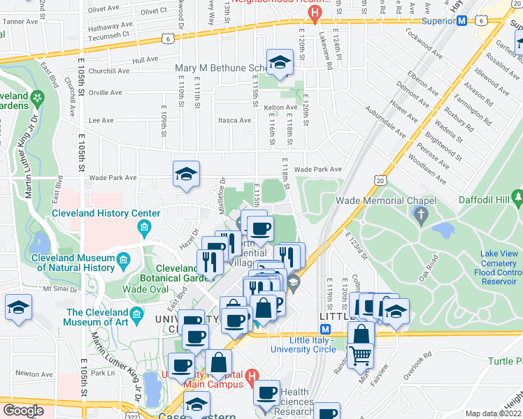 map of restaurants, bars, coffee shops, grocery stores, and more near 1623 East 115th Street in Cleveland