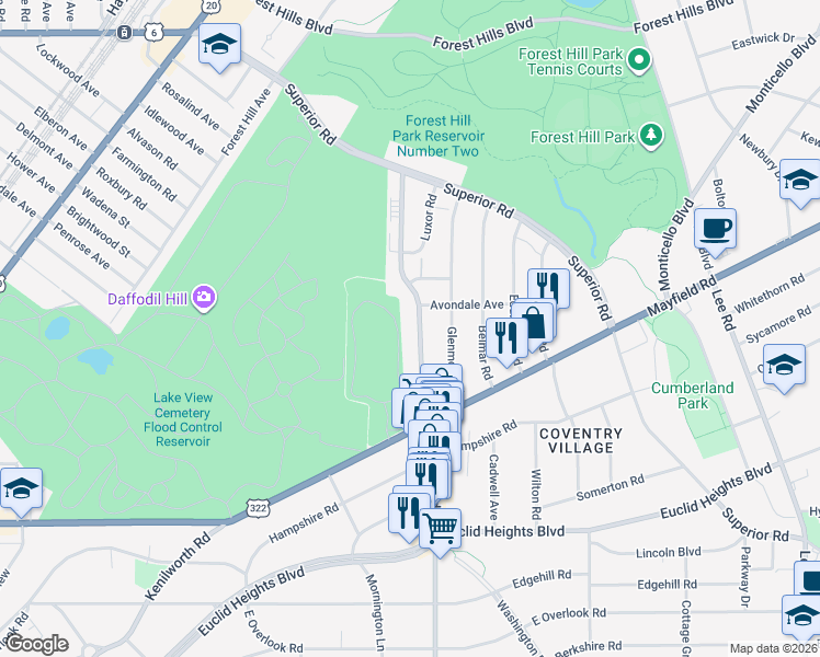 map of restaurants, bars, coffee shops, grocery stores, and more near 1671 Coventry Road in Cleveland Heights