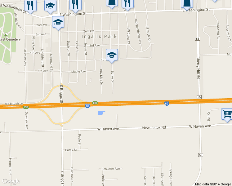 map of restaurants, bars, coffee shops, grocery stores, and more near 436 Burke Drive in Joliet