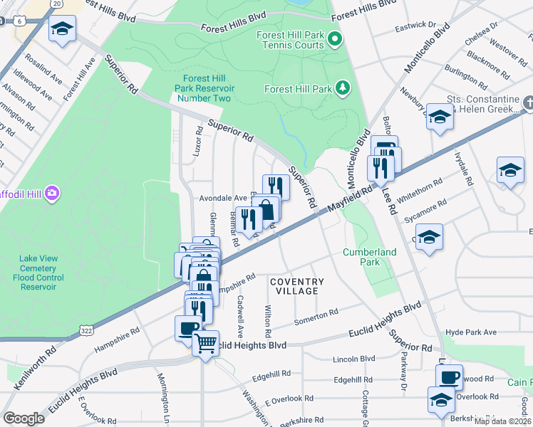 map of restaurants, bars, coffee shops, grocery stores, and more near 1652 Hillcrest Road in Cleveland Heights