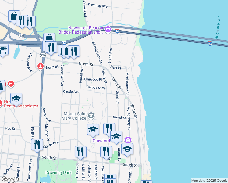 map of restaurants, bars, coffee shops, grocery stores, and more near 81 Nicoll Street in Newburgh