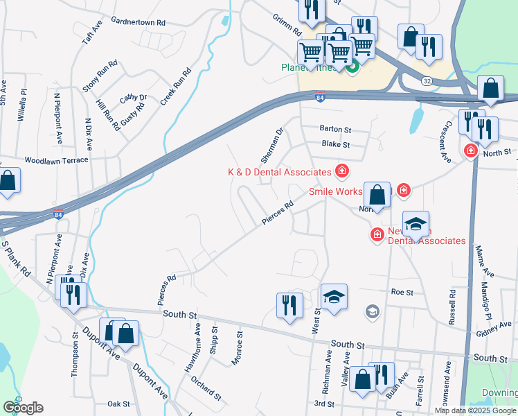 map of restaurants, bars, coffee shops, grocery stores, and more near 5 Williamsburg Drive in Newburgh