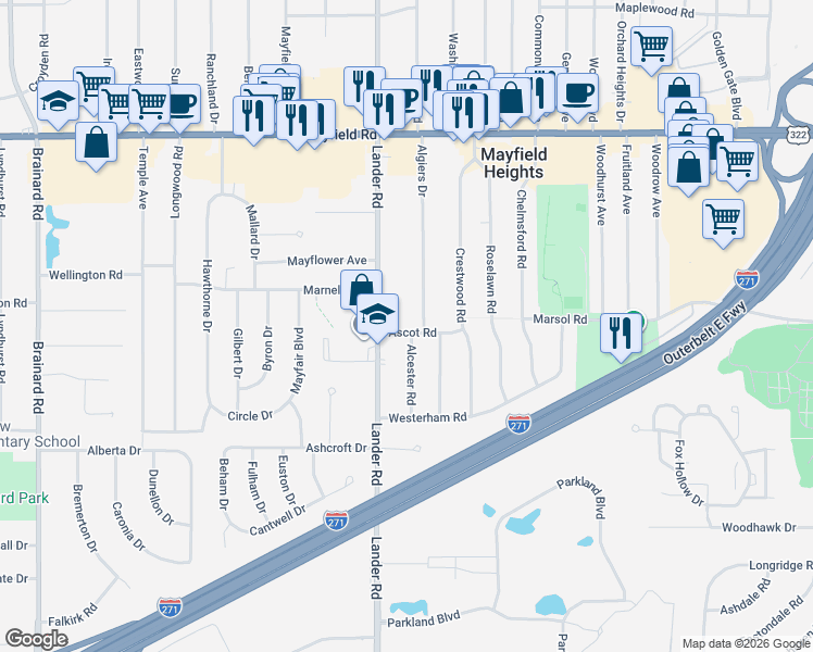 map of restaurants, bars, coffee shops, grocery stores, and more near 1710 Alcester Road in Mayfield Heights