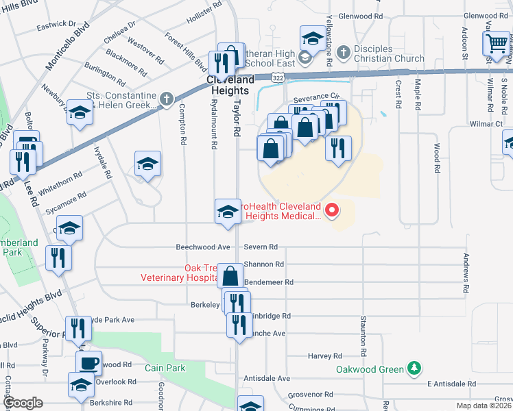 map of restaurants, bars, coffee shops, grocery stores, and more near 25 Severance Circle in Cleveland Heights