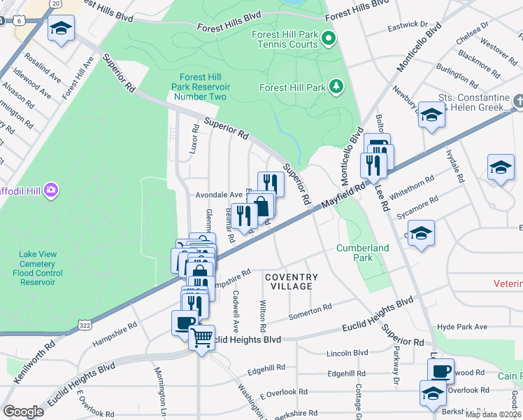 map of restaurants, bars, coffee shops, grocery stores, and more near 1666 Hillcrest Road in Cleveland Heights